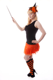 sassy witch in striped orange black knee socks