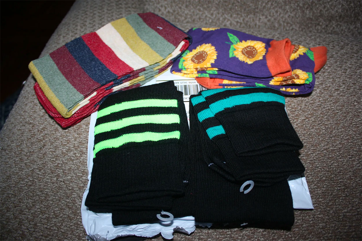 pile of new socks for donation