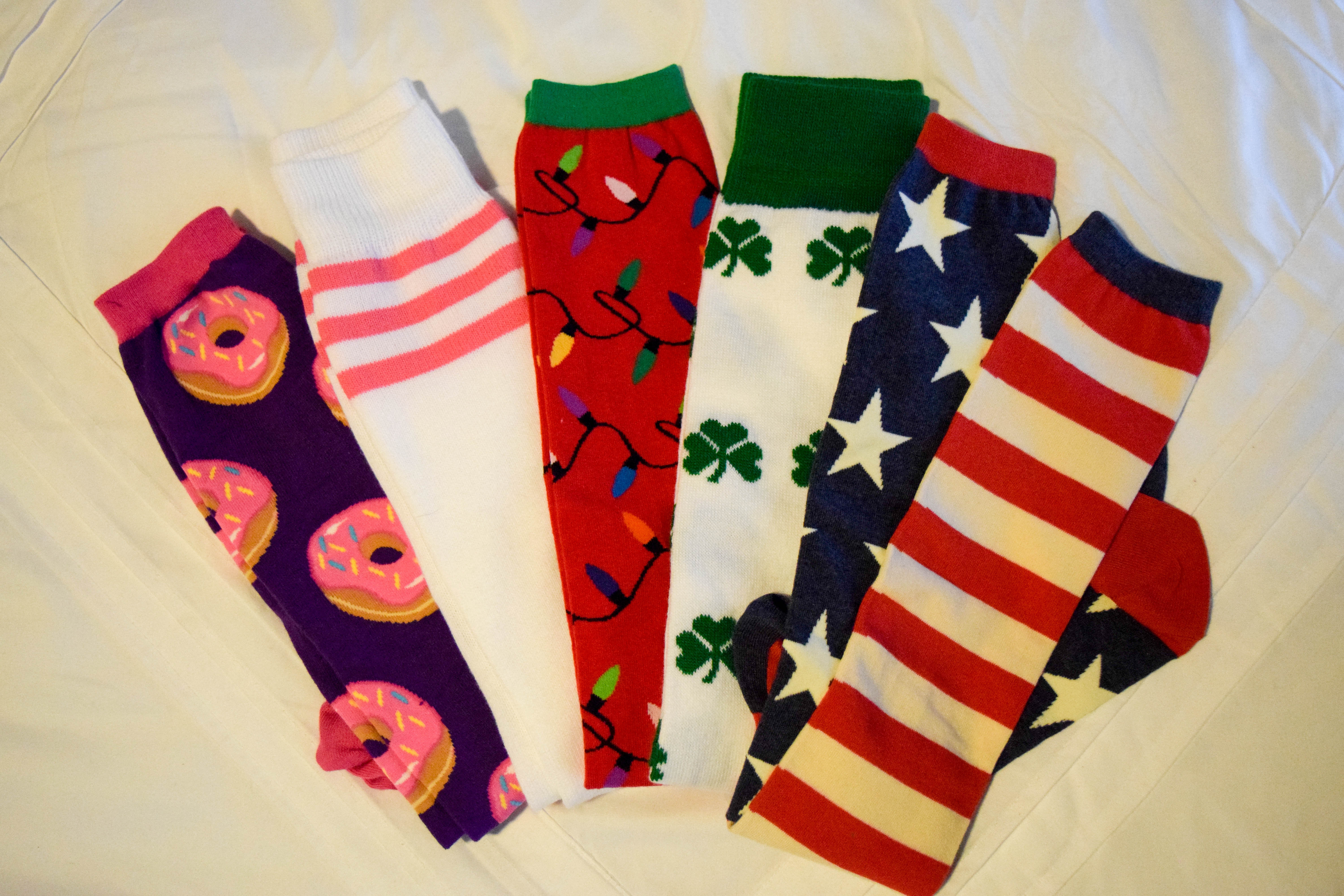 funky socks - donuts, xmas lights, shamrocks and patriotic designs