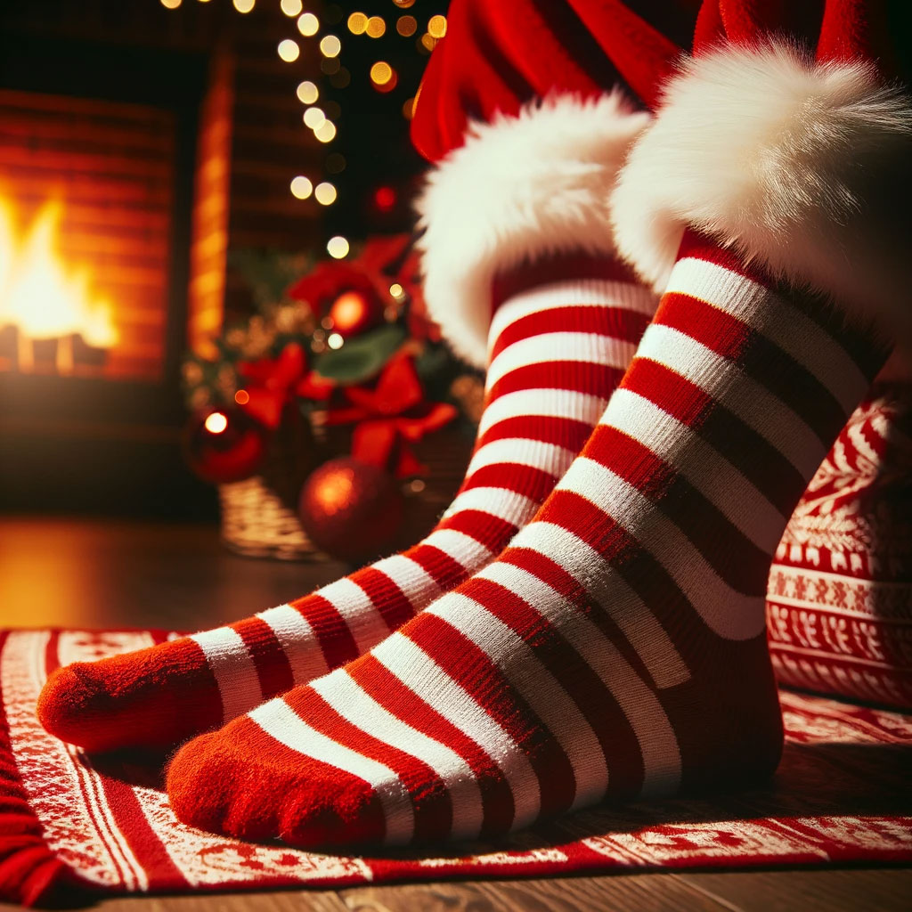 closeup of Santa sitting in chair with fireplace in background