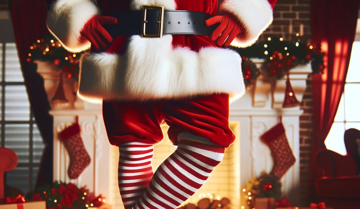 Santa wearing long striped thigh highs with xmas setting in the backdrop