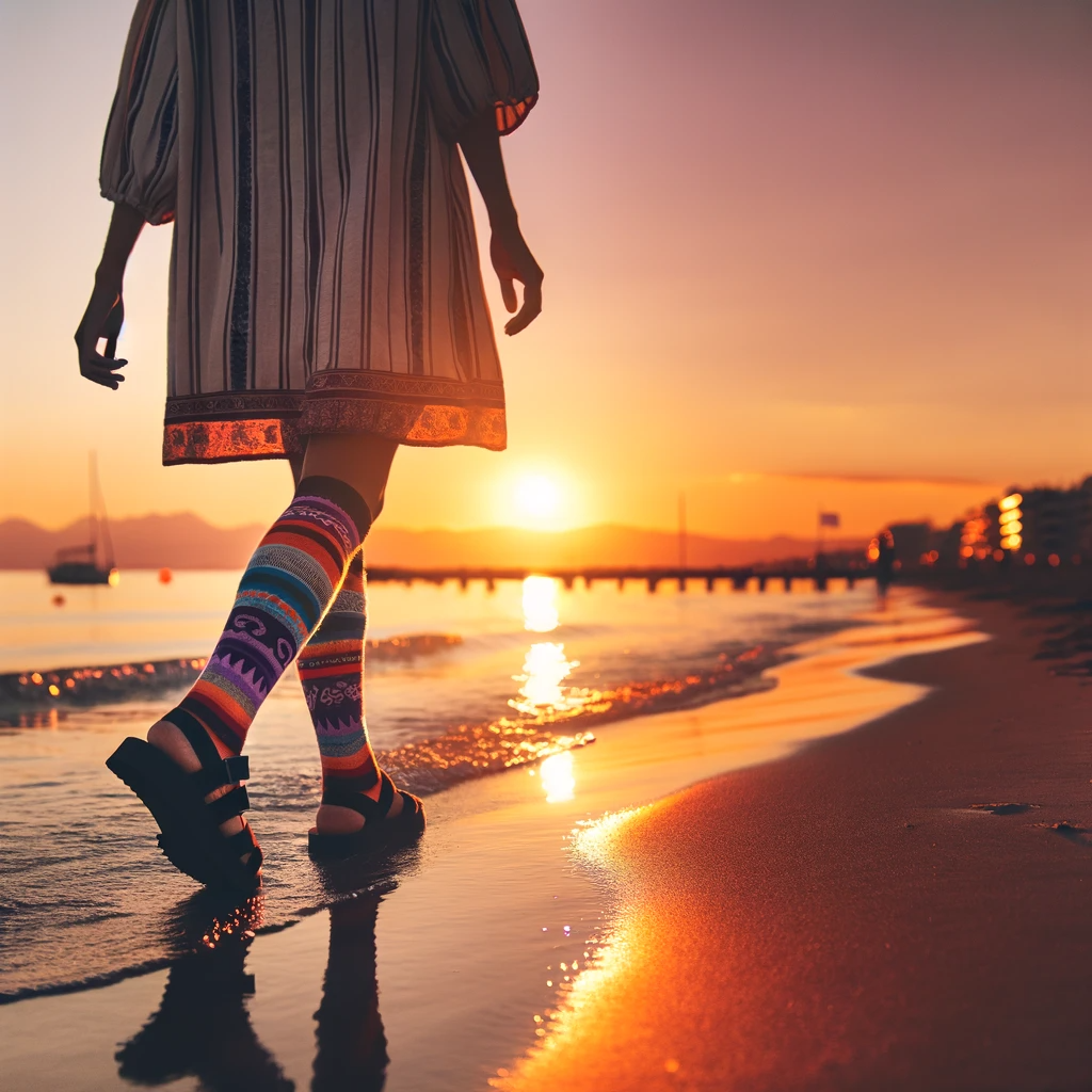 Woman walking along the beach at sunset, wearing colorful knee-high socks and black sandals